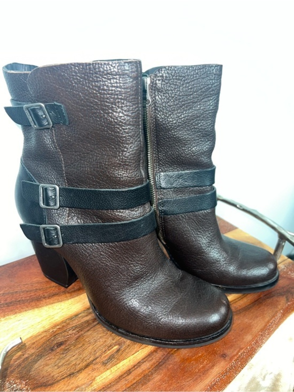 Kork-Ease Brown Leather Triple Buckle Moto Ankle Boots Boho Equestrian 8.5M